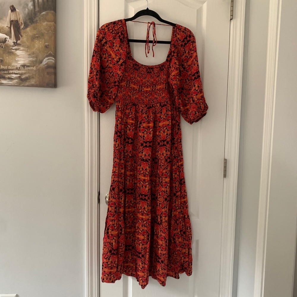 Du Paradis Red Floral Smocked Maxi Dress Puff Sleeve Boho‎ Square Neck S